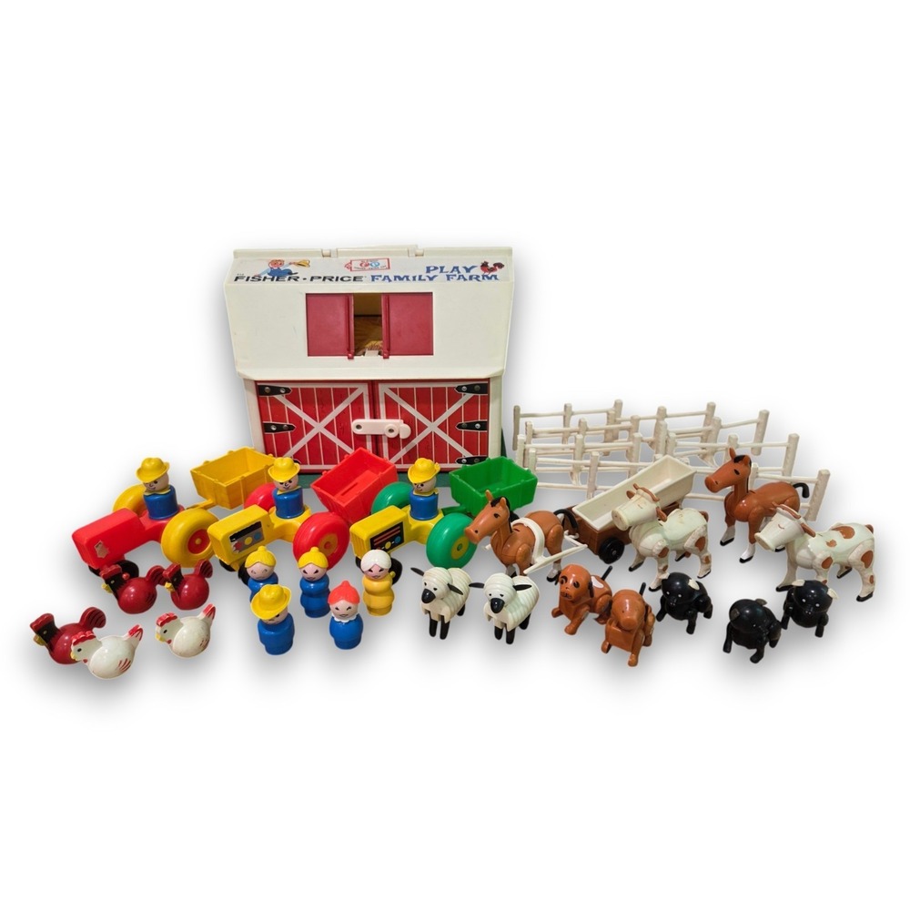 Vintage Fisher Price Little People Huge Farm Lot Figures Animals Barn Tractors